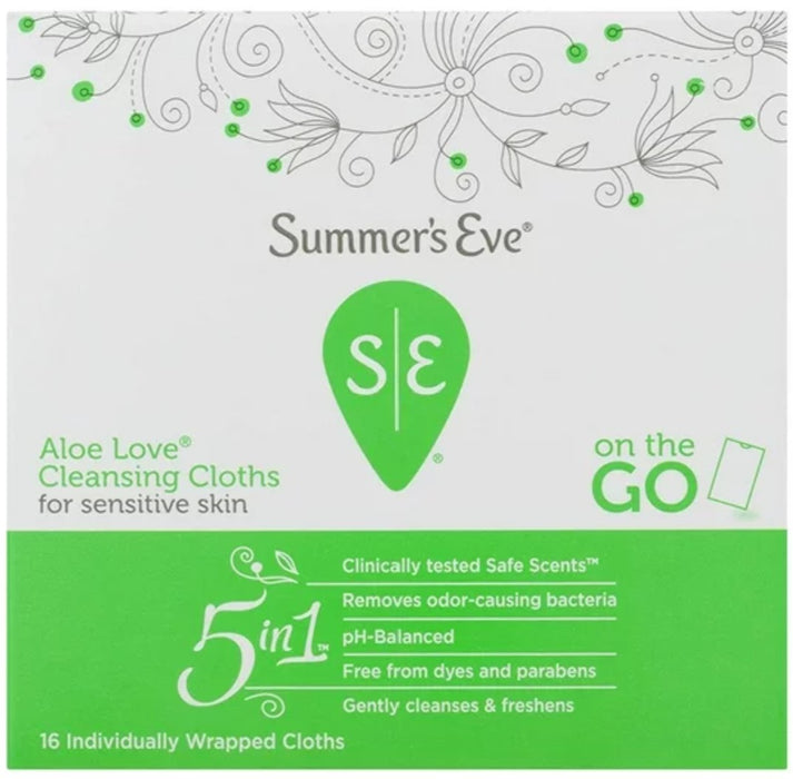 Summer's Eve - Feminine Cleansing Cloths, Aloe Love Sensitive Skin 16 cloths