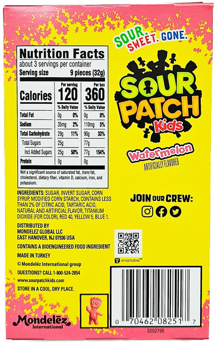 Sour Patch Kids 兒童酸味水果軟糖 西瓜味 99g / 3.5oz 到期日: 16/05/2024