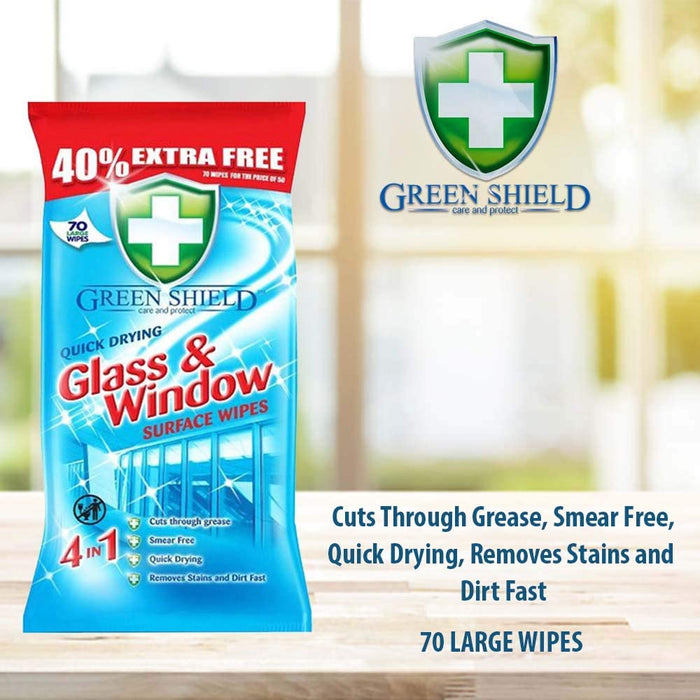 Green Shield - Anti-Bacterial Glass & Window Surface Wipes, Large 70 Sheets - HOME EXPRESS